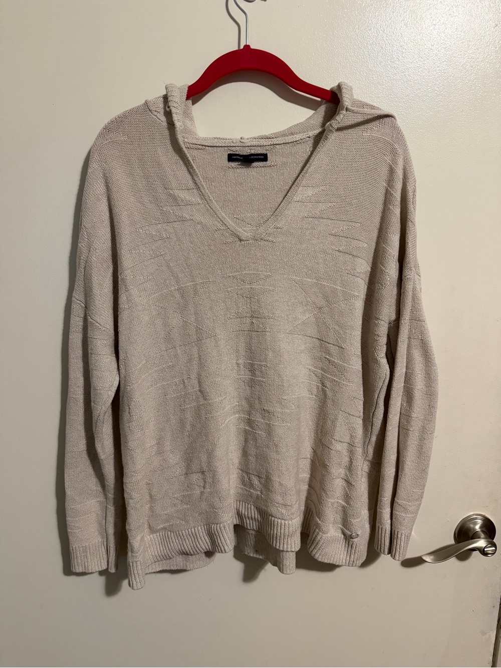 American Eagle Outfitters Light Beige V-Neck Hooded Sweater
